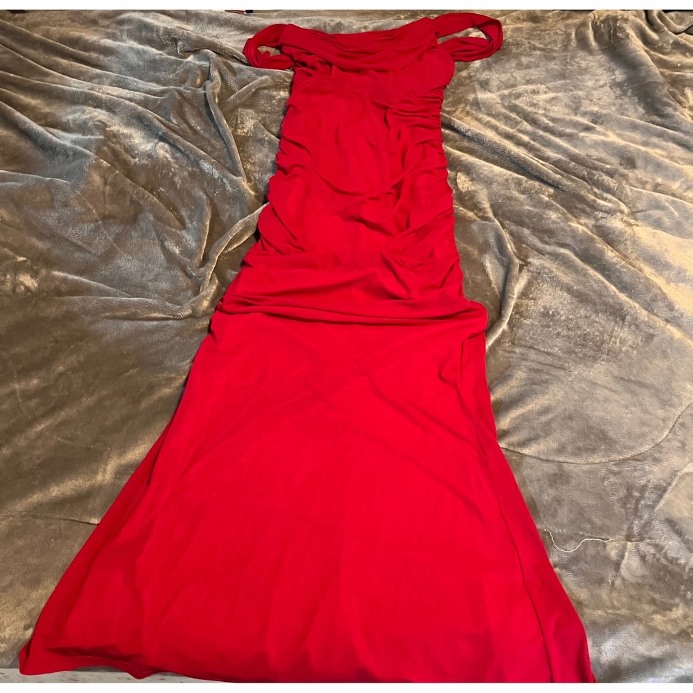 Parthea Red Off The Shoulder Ruched Maxi Dress Bodycon Evening Gown Large